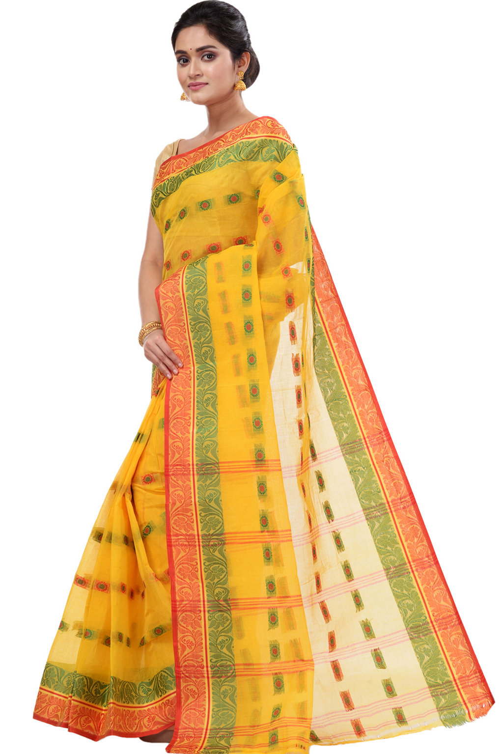 Yellow Pure Cotton Pushti Desiging Tant Saree (229)